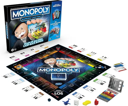 Monopoly Banking Cash-Back - Elektronisches Familienspiel mit eigenen Bankkarten, schnelleres Handeln und Flughafenkäufe für strategischen Spielspaß