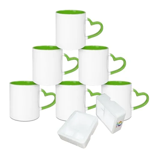 MR.R Set mit 6 Sublimations-Kaffeetassen, blanko, 333 ml, Tasse, blanko, weiße Tasse mit grüner Innenfarbe, Tasse und Herzgriff
