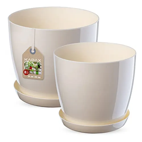 KADAX Blumentopf, Pflanzkübel-Set mit Untersetzer, Blumenkübel aus Kunststoff, runder Pflanztopf für Innenbereich, Übertopf für Blumen und Zimmerpflanzen, Kräutertopf (Set of 2 – 18+20cm, Ecru)