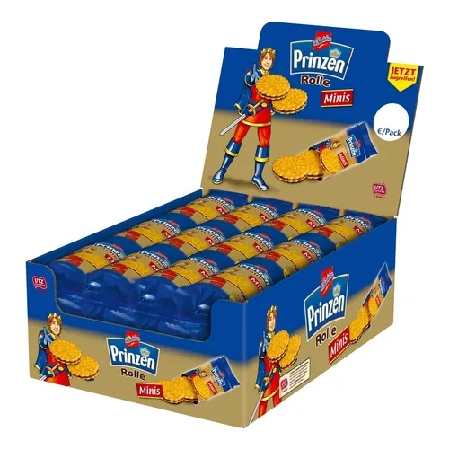 De-Beukelaer Prinzen Rolle Minis, Kakaocreme-Füllung, 24 Pack - Leckere Mini-Doppelkekse mit 100% UTZ-zertifiziertem Kakao, ohne künstliche Zusätze. Ideal für den kleinen Snack zwischendurch - perfekt für unterwegs!
