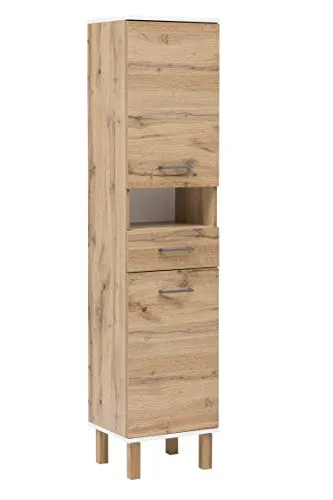 Schildmeyer Hochschrank Wido, Eiche Landhaus Dekor - Hoch- & Midischränke fürs Bad, eleganter Hochschrank mit 2 Türen, 1 Schubkasten und 1 offenem Fach, ideal für Ordnung und Stauraum im Bad.