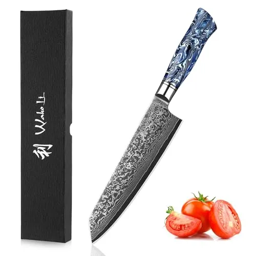 Wakoli Asiamesser Damast Chefmesser Kiritsuke 20 cm – Hochwertige Präzision - 20 cm Kiritsuke Damastmesser mit VG10-Kern und ergonomischem Epoxidharzgriff. Ideal für präzises Schneiden von Fleisch, Fisch und Gemüse – ein stilvolles Werkzeug für jeden Koch.