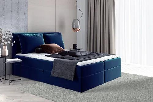 Boxspringbett Egro mit 2 Bettkästen und Topper - Elegantes Polsterbett in Dunkelblau, 180 x 200 cm, mit Luxus Bonell-Matratze und praktischen Bettkästen für zusätzlichen Stauraum.