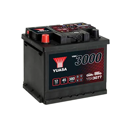 Yuasa YBX3077 12V 45Ah 380A SMF - Hochleistungsbatterie - Autobatterie mit bis zu 30.000 Starts, integrierter Ladezustandsanzeige und Flammsperre für maximale Sicherheit und Leistung.