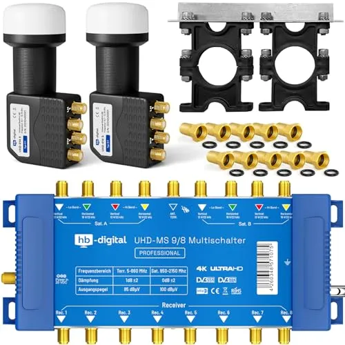 HB-DIGITAL Set: 2X Quattro LNB Schwarz (Test: SEHR GUT) + Multischalter pmse 9/8 9X Satellit und bis zu 8 x Teilnehmer/Receiver für Full HDTV 3D 4K UHD mit Netzteil + 30 Vergoldete F-Stecker