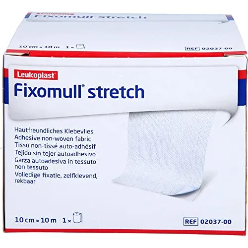 Fixomull Stretch 10cmx10M - Flexibler Wundverband - Arzneimittel für die vollflächige Fixierung von Wundauflagen. Besonders anpassungsfähig und hautfreundlich, ideal für bewegte Körperpartien.