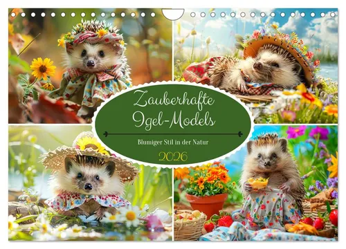 Rose Hurley | Zauberhafte Igel-Models Kalender - Kalender mit 14 Seiten, präsentiert niedliche Igel-Fashion im duftigen Landhausstil, ideal für Natur- und Tierliebhaber.