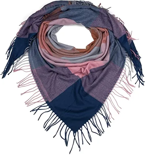 styleBREAKER Damen XXL Schal mit mehrfarbigem Karo Muster und Fransen, warmes Winter Tuch, Deckenschal 01017116, Farbe:Blau-Rose-Braun