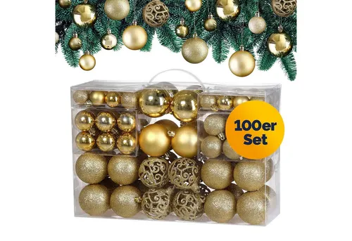 Weihnachtsbaumkugeln Gold 100-tlg - Weihnachtsbaumschmuck in stilvollem Gold, 100-teiliges Set mit Kugeln in drei Größen und vier Designs für festliche Akzente und eleganten Glanz.