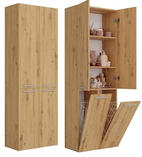 BDW Badezimmerschrank, 2- Wäschekorb, 2 - Türen 174 x 60 x 30cm Unterschrank, Waschbeckenunterschrank, Hochschrank, Badmöbel, Bad-Hochschrank, Badregal, NEL 2K/DD (Artisan-Eiche)