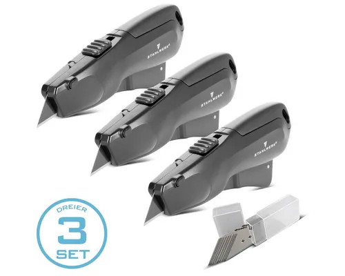 STAHLWERK Cuttermesser UCM-19 Set mit 10 Klingen - Praktisches 3-teiliges Cuttermesser-Set für präzises Schneiden von Kartons, Folien und mehr. Mit automatischem Klingenrückzug und ergonomischem Aluminiumgriff für optimalen Komfort.