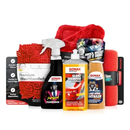 SONAX Basic Autopflege Handwäsche Set Shampoo FelgenBeast Detailer 6-teilig | Streifenfreies, glänzendes Finish für Lack, Felgen & Glas