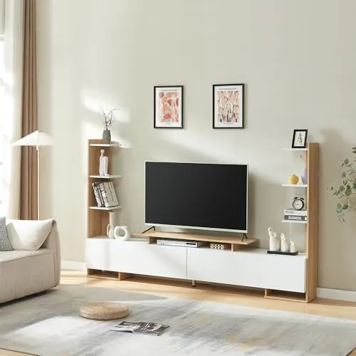 [en.casa] TV Schrank Rauki Lowboard mit 2 Seitenregalen - Elegantes TV-Board in Weiß/Eicheoptik mit 1 offenem Fach und 2 Türen. Bietet Platz für Technik und persönliche Gegenstände – ideal für ein stilvolles Wohnzimmer und entspanntes Entertainment.