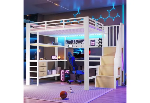 Okwish Hochbett in Weiß, 140x200 cm – Funktionales Kinderbett mit Stauraum - Modernes Hochbett für Kinder- und Jugendzimmer mit 3 Schubladen, offener Ablage und integrierter Arbeitsfläche. Der stabile Eisenrahmen und das dimmbare LED-Licht bieten zusätzlichen Komfort und Funktionalität.