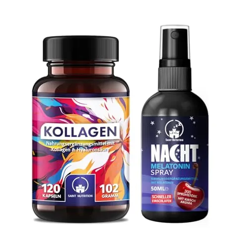 Saint Nutrition® Kollagen + Melatoninspray - Hochdosierte Kapseln für Schönheit und Schlaf - Kollagen-Präparate: Kombiniere hochdosierte 1000 mg Kollagen für Haut, Haare & Nägel mit 0,5mg Melatonin pro Sprühstoß für erholsamen Schlaf. Perfekt abgestimmt für deine tägliche Beauty-Routine!