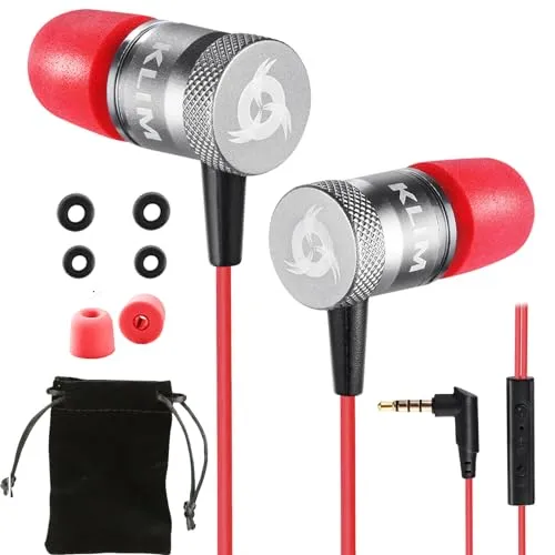 KLIM Fusion In-Ear-Kopfhörer mit Kabel & Mikrofon Hi-Fi, Memory-Schaum, 3,5 mm Klinke, Rot