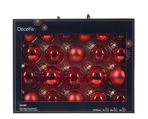 Decoris Weihnachtskugeln Glas 5-7cm 21er Set - matt & glänzend & transparent - Christbaumkugeln Weihnachtsbaumkugeln für Weihnachtsbaum - Kerstbal Glas d7 cm krd Ass 21st I kerst Weihnachtsrot