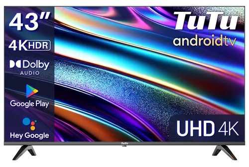 TuTu TUS43UQ1A 43 Zoll 4K UHD Smart TV - Fernseher mit 4K UHD Auflösung, randlosem Design und integriertem Google Assistant für einfache Sprachsteuerung. Genießen Sie Ihre Lieblings-Apps wie Netflix und Disney+.