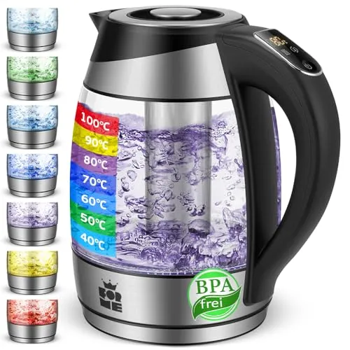 FOR ME Glas Elektrischer Wasserkocher 1,8L mit Temperaturwahl - Wasserkocher mit 7-farbiger LED-Beleuchtung und präziser Temperaturwahl von 40°C bis 100°C. Mit Warmhaltefunktion für 2 Stunden, ideal für Teeliebhaber.