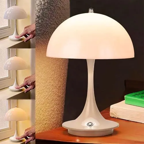 Kabellose Touch-Dimmbare LED Tischlampe - Pilz Design - Stilvolle Tischlampe mit USB-Akku, 2000-mAh für 8-10 Stunden Nutzung. Dimmbar von 3000K bis 6000K, perfekt für Schlafzimmer und Restaurants.