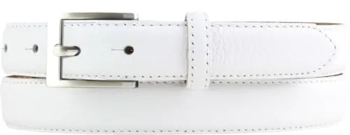 Italienischer Anzug-Gürtel, 25 mm breit, Herren, Anzuggürtel, Hosengürtel, strukturiertes Leder, Schließe Silber | Weiß 120cm
