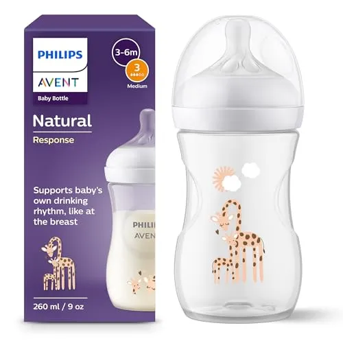 Philips AVENT Babyflasche Natural Response – Babyflasche, 260 ml, BPA-frei, für Babys ab 1 Monat, Giraffenmotiv (Modell SCY903/66)