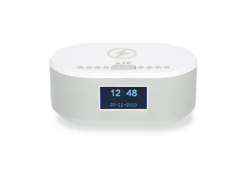 AIC 18DAB Weiß Radio - Radiowecker mit DAB, Bluetooth und QI-Ladefunktion - Vielseitiges DAB-Radio mit integrierter Bluetooth-Funktion und kabelloser QI-Ladefunktion für Smartphones, ideal als Wecker für modernes Wohnen.