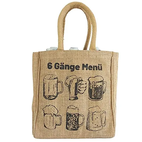 Domelo Jute Flaschentasche. Geschenke für Männer. Bierträger/Flaschenträger mit Trennwänden für 6 Flaschen. kleine Einkaufskorb. Lustige witzige Bier Männerhandtasche (natur/ 6 Gänge Menü)
