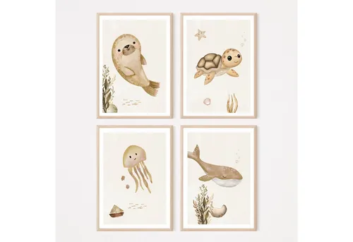 MeinBaby123® Poster Kinderzimmer Meerestiere,  Kinderzimmer Deko, Kinderzimmer Bilder, Unterwasserwelt, süßer Wal, Schildkröte, Qualle