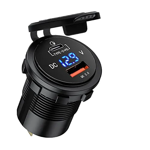 GemCoo Auto USB Ladegerät KFZ QC3.0 USB Steckdose und Typ C PD für Auto, 12 V/24 V QC 3.0 Dual USB Schnellladung mit LED-Voltmeter Anzeige für Motorrad, Auto Marine Motorrad RV Caravan (Orange)