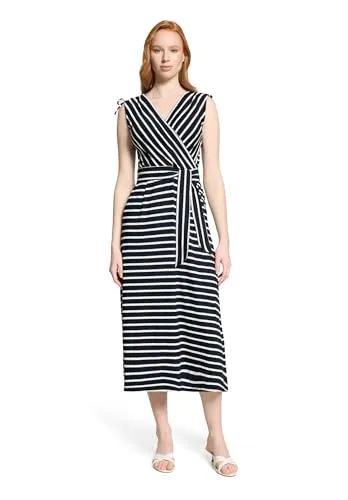 Betty Barclay Damen Jerseykleid ohne Arm 44, Dunkelblau/Weiß - Stylisches Damen Jerseykleid von Betty Barclay mit ausgestellter Form. Ideal für den Sommer dank ärmellosem Design und luftigen V-Ausschnitt. Praktische Eingrifftaschen bieten Funktionalität, während der gestreifte Look modern und lässig wirkt.