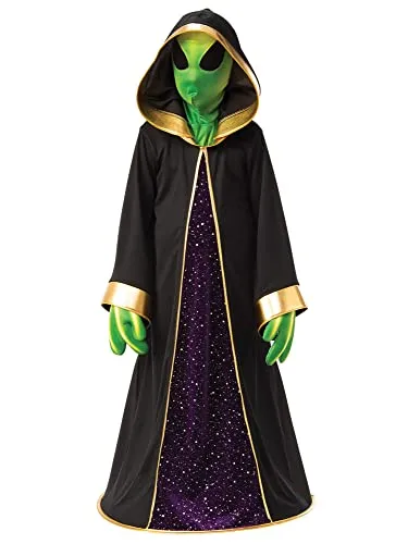 Alien Kinder-Kostüm - Kostümsets: Alienkostüm für Kinder mit Kapuzenrobe, Maske und Handschuhen – das perfekte Outfit für Halloween, Größe: 5–6 Jahre, 100 % Polyester.