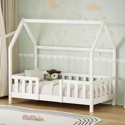 ML-DESIGN Spielbett Hausbett Kinderbett mit Rausfallschutz und Lattenrost - Kreatives Kinderbett 70x140 cm im modernen Hausdesign. Der integrierte Rausfallschutz und die niedrige Einstiegshöhe bieten Sicherheit und Komfort. Robuste Konstruktion aus Kiefernholz für langlebigen Spaß im Kinderzimmer.