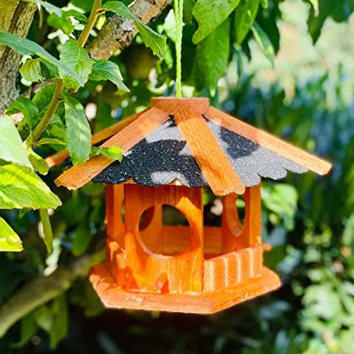 DARLUX Vogel Futter Haus Futterstelle Sechseck aus Holz Vogelhaus zum Aufhängen Braun und verschiedenen Dachfarben und Größen (Klein, Braun/Schwarz)