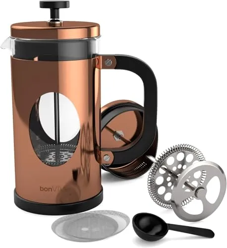 bonVIVO GAZETARO I Design-Kaffeebereiter Und French Press Coffee Maker In Kupfer-Optik, Kaffee-Kanne Aus Glas Mit Edelstahl-Rahmen, Kaffee-Presse Mit Edelstahl-Filter (Kupfer, 8 Tassen) 1L