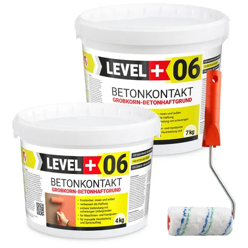 Level+ Haftgrund Betonkontakt 11Kg mit Farbroller 10cm - Grundierung für Beton, Keramik und OSB, schnell trocknend und frostbeständig, sorgt für optimalen Haftgrund und beschleunigt den Baufortschritt.