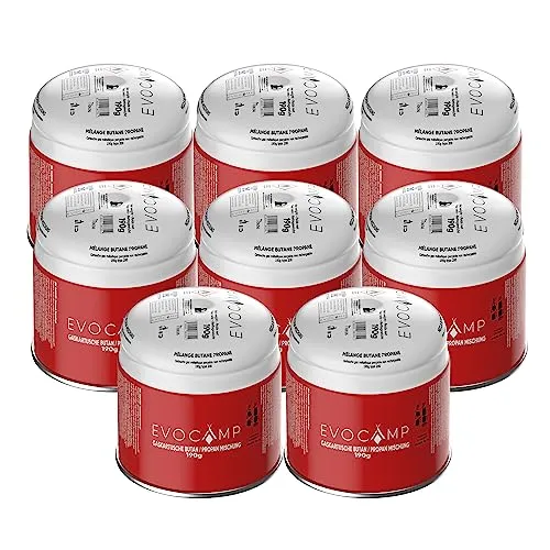 EVOCAMP 8X Stechkartuschen 190g, Propan Butan Gaskartuschen mit integriertem Gas Lock System, Gas Kartusche mit Camping Gas geeignet für Gaskocher, Campingkocher, Gasbrenner, Kohleanzünder, Lötlampe