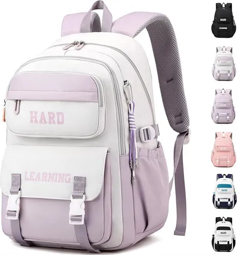 Schulrucksack(Lila-Weiss)Mädchen Teenager Rucksack,Multi-Schultasche,Wasserdicht Schulranzen Groß Backpack für Mädchen Damen School Bag