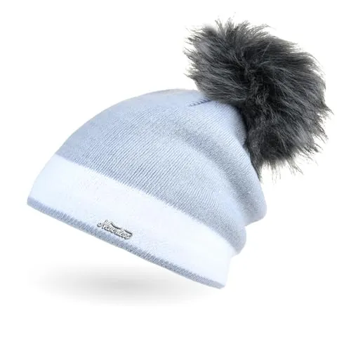 Neverless Damen Strick-Mütze gefüttert mit Fell-Bommel Kunstfell Winter-Mütze Feinstrick Glitzer-Garn Bommelmütze Hellblau-Weiss Unisize
