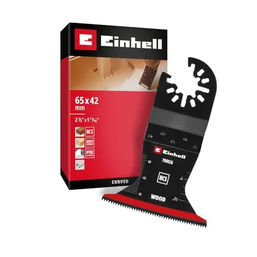 Original Einhell Tauchsägeblatt aus Kohlenstoffstahl für Holzbearbeitung (65 mm Breite, 42 mm Eintauchtiefe, PTFE-Coating, Holzverzahnung, gekrümmte Schneide, Schnellwechselfunktion)