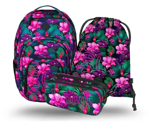 Baagl Schulrucksack Set 3 Teilig, Ergonomischer Großer Rucksack mit Kühlfach für Jungen Mädchen Teenager, Grundschule Ranzen mit Brustgurt und Laptopfach, Daypack 35 l (Paradise)