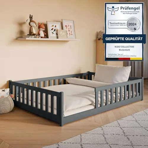 Kids Collective Kinderbett mit Rausfallschutz 140x200 cm - Montessori Bodenbett aus FSC-zertifiziertem Kiefernholz, fördert Selbstständigkeit und Sicherheit mit abgerundeten Kanten und schützenden Seitengittern.