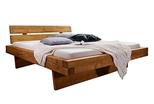 SAM Balkenbett Bennet 160x200cm, Fichte honigfarben, Holzbett massiv, gebeizt + geölt, geteiltes Kopfteil
