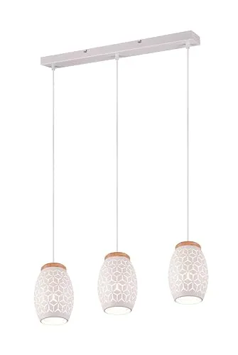 lightling 3-flammige Pendellampe Bill mit Holzakzenten, Höhe anpassbar, Deckenmontage, IP20 Indoor, exkl. 3 x E27 max. 28W, Ø 15 cm, Höhe 150 cm, Breite 71 cm, Metall, weiß matt