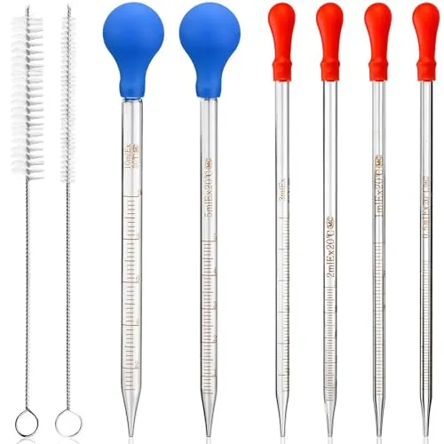 HATANSE 6 Stück Glas Pipetten 0.5ml 1ml 2ml 3ml 5ml 10ml Tropfpipetten, Pipette Glas, Transfer Pipette, Glaspipette, Messpipetten mit 2 Tropfenbürsten