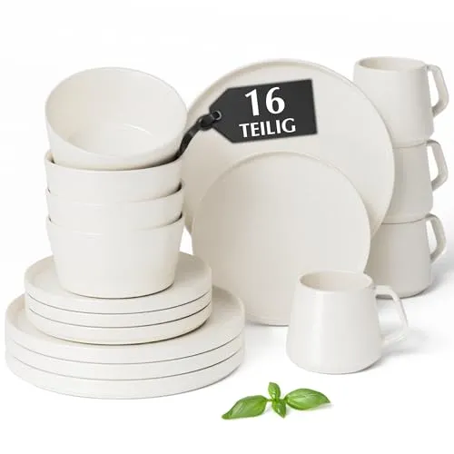 MiaMio Geschirr-Set Luxe 16-tlg Weiß - Elegantes 16-teiliges Geschirrset mit minimalistischen Vorspeisen- und Speisetellern sowie Tassen. Hergestellt aus robustem Steingut, ideal für den täglichen Gebrauch und spülmaschinenfest.