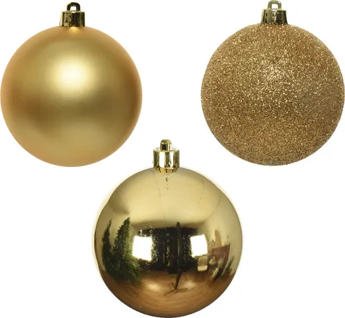 Weihnachtskugeln Kunststoff 8cm 34er Set - Hellgold - Sonstiges Gartenmöbelzubehör, bruchsichere Christbaumkugeln im Set mit Glitzer, matt und glänzend, ideal für eine festliche Weihnachtsdekoration.