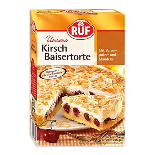 RUF Kirsch-Baiser-Torte, Backmischung für eine Baiser-Torte mit Kirschen oder Stachelbeeren und Mandeln, mit gelingsicherem Baiser-Pulver, 1 x 350g