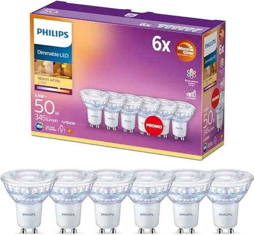 Philips LED Classic GU10 Lampen Warm Glow 6-er Pack - Energiesparende LED-Lampen mit stufenloser Dimmbarkeit für eine gemütliche Atmosphäre und einer Lebensdauer von bis zu 15 Jahren – ideal für Küche, Wohn- oder Esszimmer.