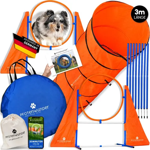 PfotenWunder Agility-Hürde XXL-Profi-Agility Set - Agility-Geräte für Hunde, ideal für effektives Training mit 2 Multifunktions-Hürden und einem 3-Meter-Tunnel, geeignet für kleine und große Hunde.